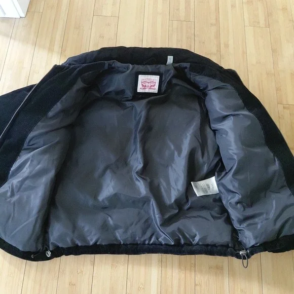 Levis Puffer Corduroy Jacket Vintage LARGE Black Cinch Waist Y2K Academia Preppy - Picture 3 of 12